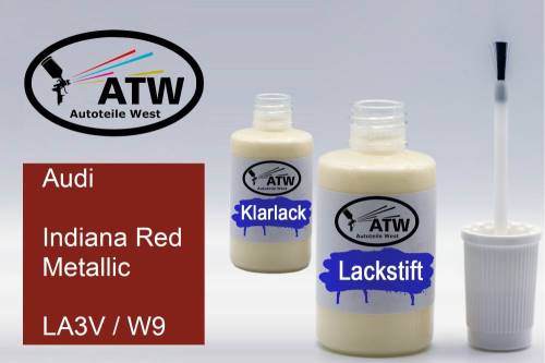 Audi, Indiana Red Metallic, LA3V / W9: 20ml Lackstift + 20ml Klarlack - Set, von ATW Autoteile West.